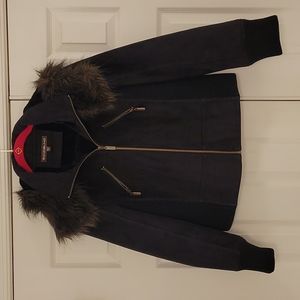 Bomber w/hood, black faux sued jacket with hood & faux fur lining. Sz. L